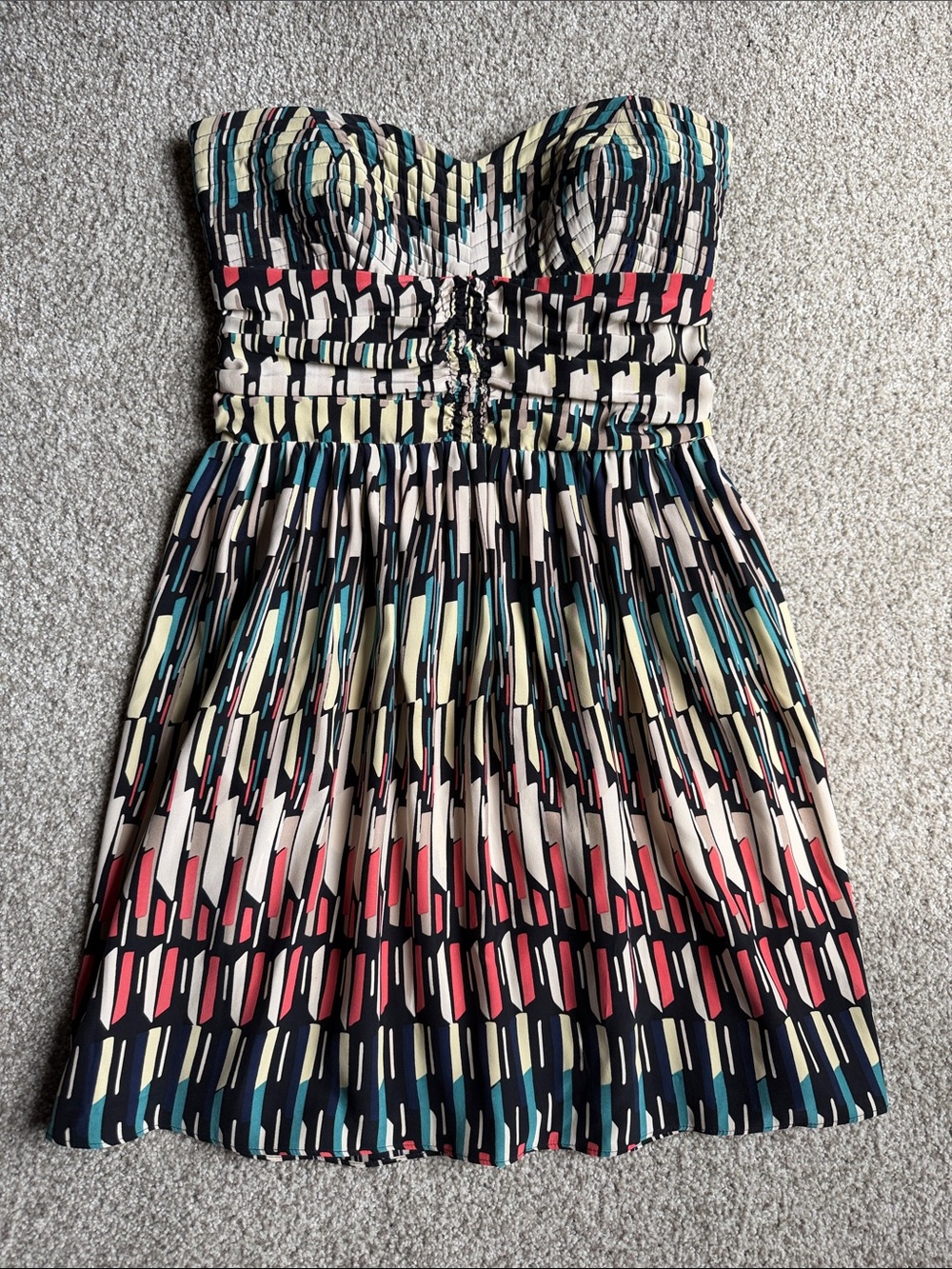 Parker Strapless Geometric Print Dress in Black, Cream, Teal & Red
